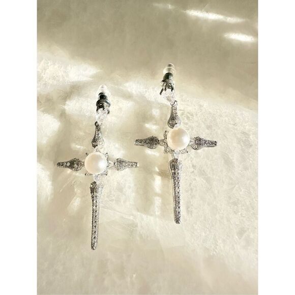 Faux Pearl cross dangle earrings ￼ - Picture 3 of 3